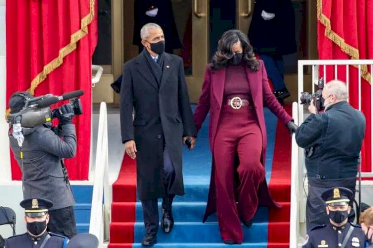 Michelle Obama Stuns In Plum and Burgundy Ensemble At Biden’s Inauguration